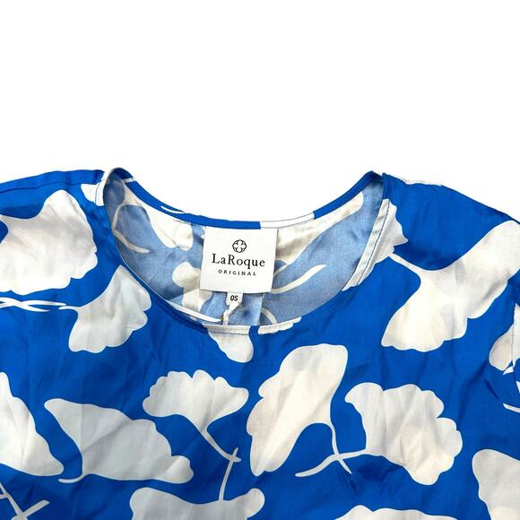 LaRoque 100% Silk Blue Floral Whimsical Blouse OS Ruffle Sleeves Shirt Tropical - Picture 3 of 5